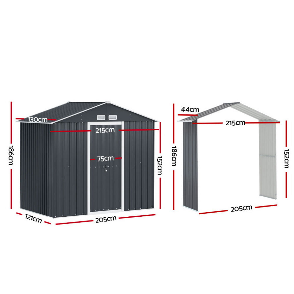 Garden Shed 2.15 x 1.74M with Extension Kit Galvanised Steel - Grey