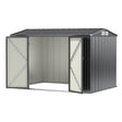 Outdoor galvanised steel garden shed with gable roof, front view