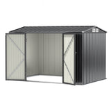 Outdoor galvanised steel garden shed with gable roof, front view