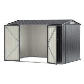 Outdoor galvanised steel garden shed with gable roof, front view