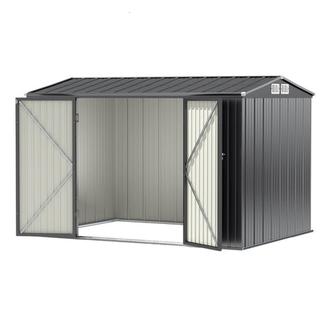 Outdoor galvanised steel garden shed with gable roof, front view