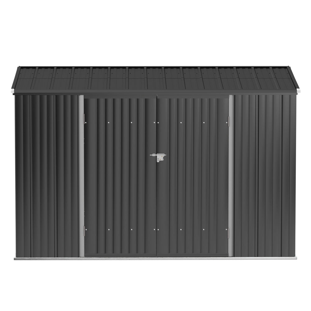 Steel garden shed side view showing gable roof