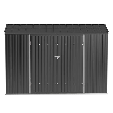 Steel garden shed side view showing gable roof