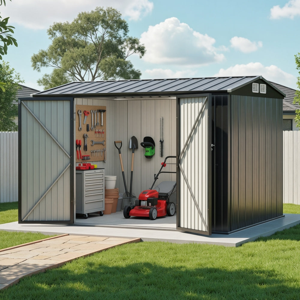 Galvanised steel garden shed in backyard setting