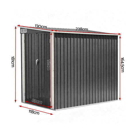 Grey lean-to metal garden shed, 118 x 238cm (view 2)