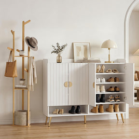 Mininera Shoe Cabinet and Clothes Rack Set, White and Pine