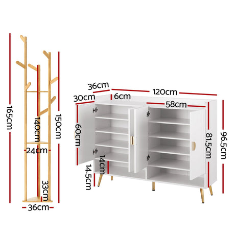 Mininera Shoe Cabinet and Clothes Rack Set, White and Pine