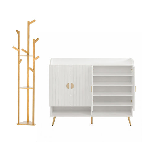 Mininera Shoe Cabinet and Clothes Rack Set, White and Pine