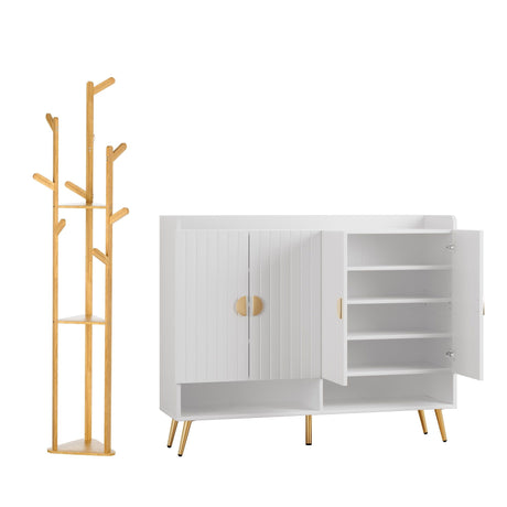 Mininera Shoe Cabinet and Clothes Rack Set, White and Pine