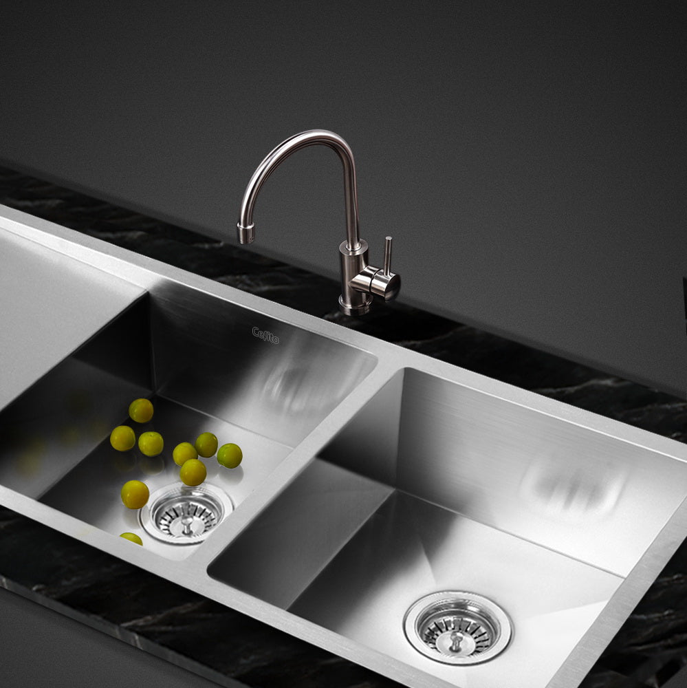 Stainless steel kitchen sink, silver double bowl 111x45cm