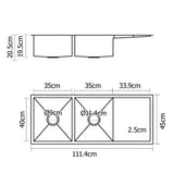 Stainless steel kitchen sink, silver double bowl 111x45cm