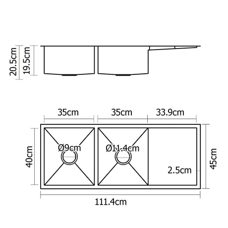 Stainless steel kitchen sink, silver double bowl 111x45cm