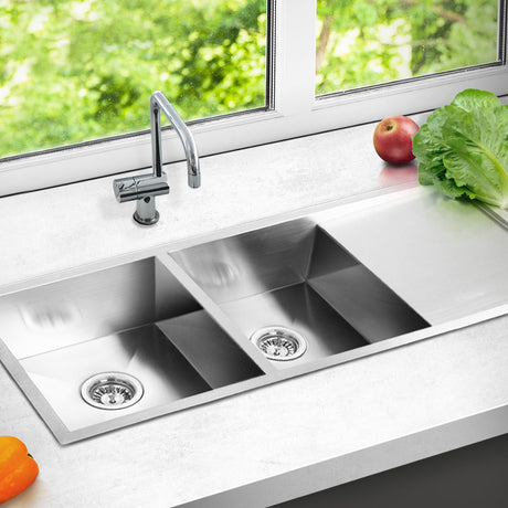 Stainless steel kitchen sink, silver double bowl 111x45cm