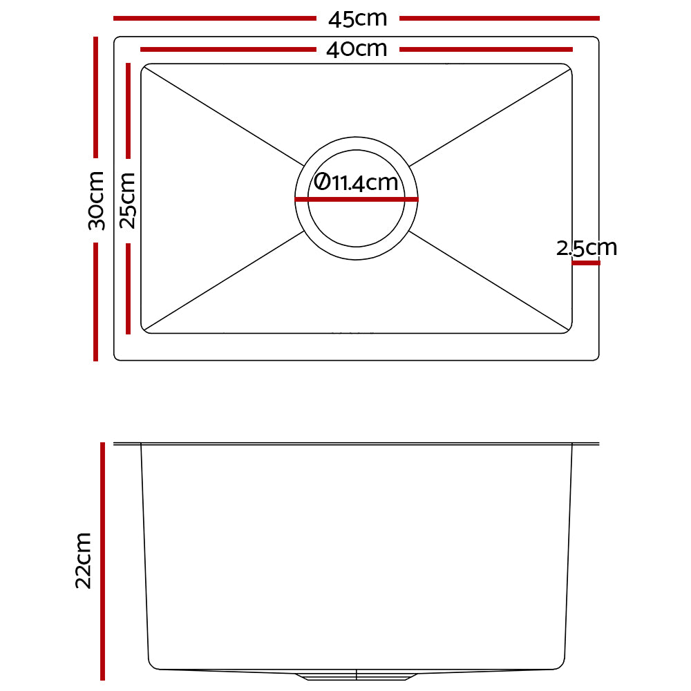 Stainless steel kitchen sink, silver single bowl 45x30cm