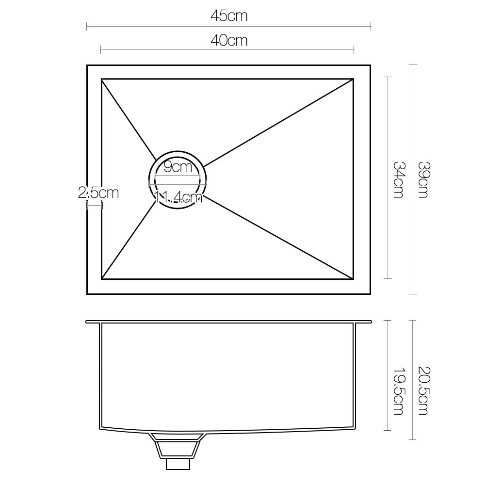 Stainless steel kitchen sink, silver single bowl 45x39cm