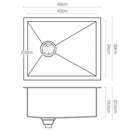Stainless steel kitchen sink, silver single bowl 45x39cm
