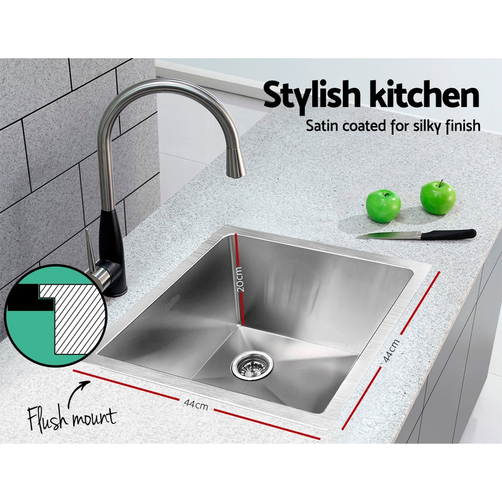 Stainless steel kitchen sink, silver single bowl 44x44cm
