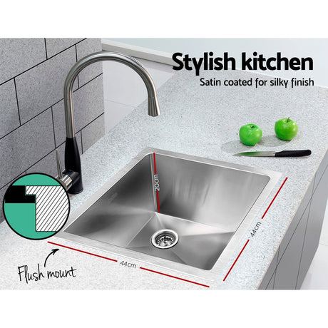 Stainless steel kitchen sink, silver single bowl 44x44cm