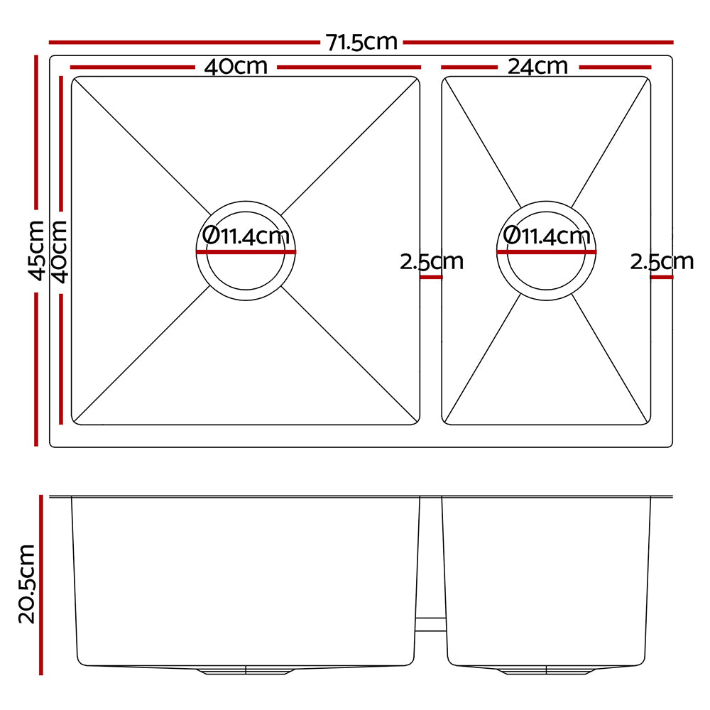 Stainless steel kitchen sink, silver double bowl 71x45cm