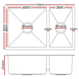 Stainless steel kitchen sink, silver double bowl 71x45cm