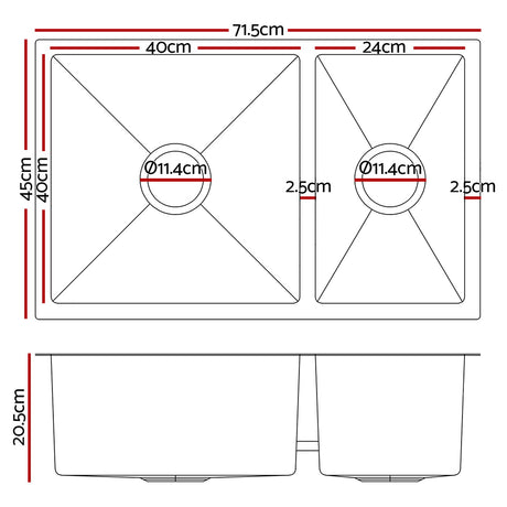 Stainless steel kitchen sink, silver double bowl 71x45cm