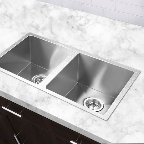 Kitchen sink, stainless steel silver double bowl 77x45cm