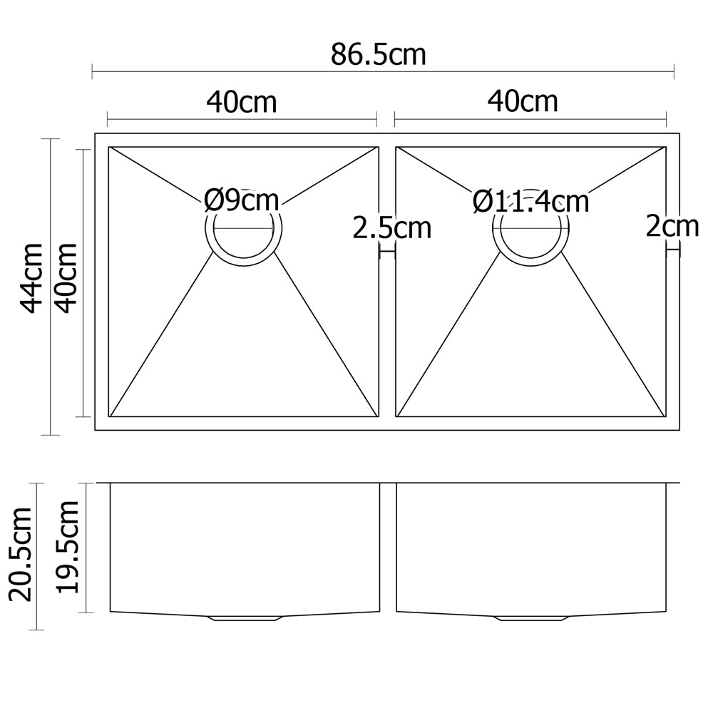 Stainless steel kitchen sink, silver double bowl 86x44cm