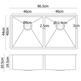 Stainless steel kitchen sink, silver double bowl 86x44cm