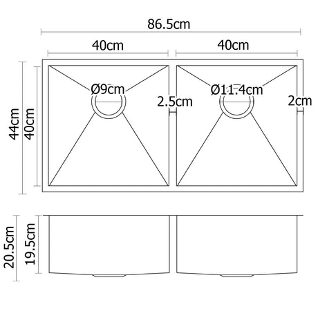 Stainless steel kitchen sink, silver double bowl 86x44cm