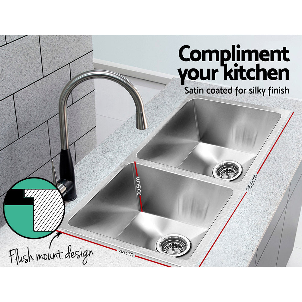 Stainless steel kitchen sink, silver double bowl 86x44cm