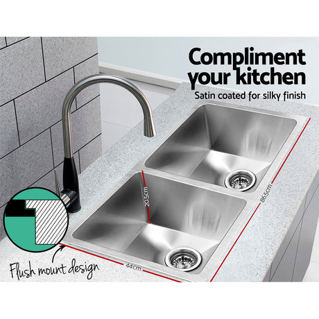 Stainless steel kitchen sink, silver double bowl 86x44cm