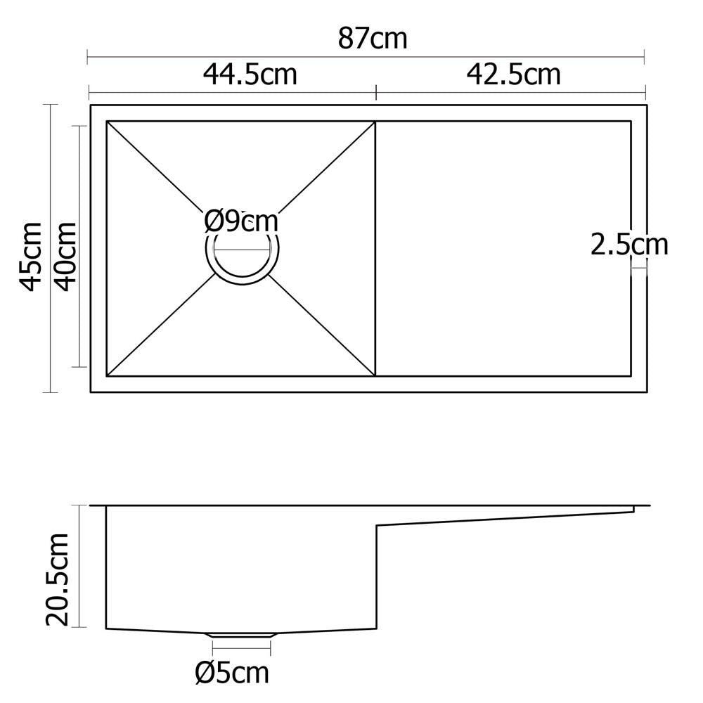 Stainless steel kitchen sink, silver single bowl 87x45cm