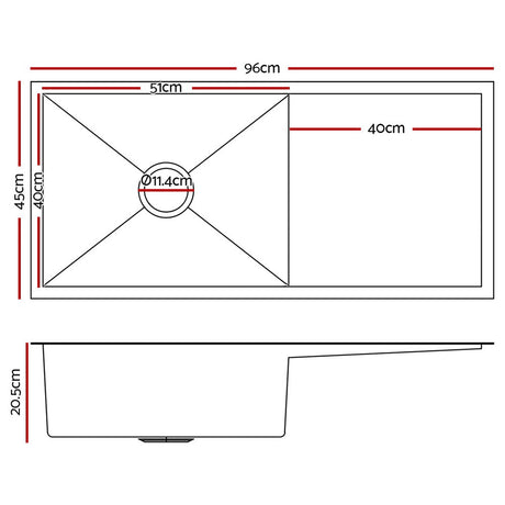Stainless steel kitchen sink, silver single bowl 96x45cm