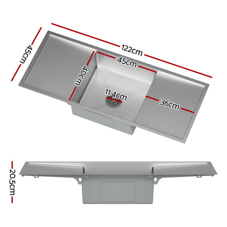 Kitchen sink, stainless steel silver single bowl 122x45cm