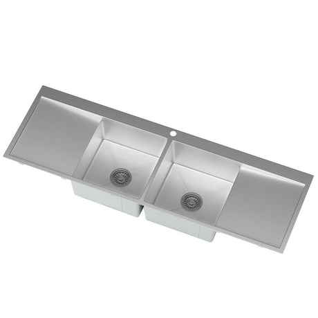 Stainless steel kitchen sink, double bowl 155x50cm satin finish