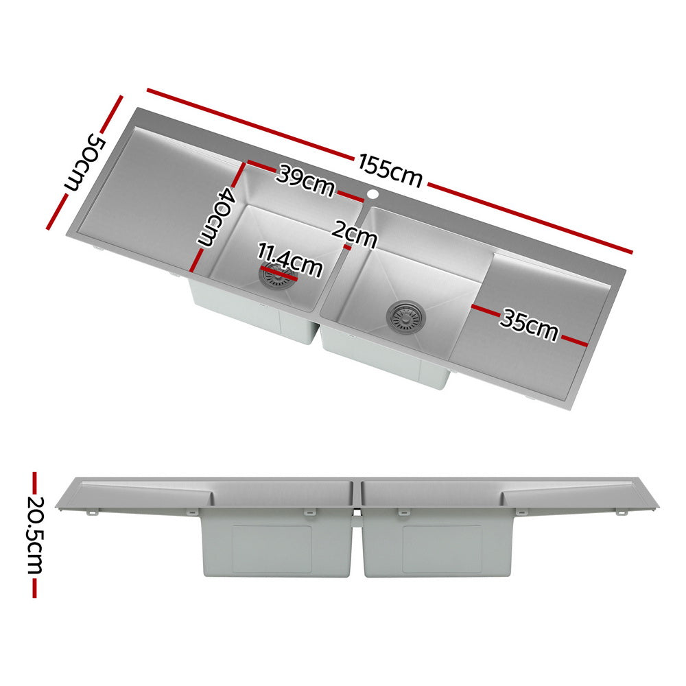 Stainless steel kitchen sink, double bowl 155x50cm satin finish