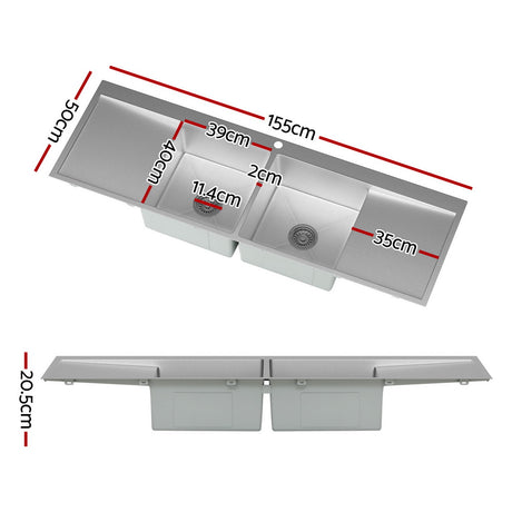 Stainless steel kitchen sink, double bowl 155x50cm satin finish