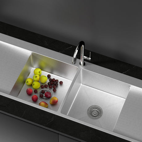 Stainless steel kitchen sink, double bowl 155x50cm satin finish