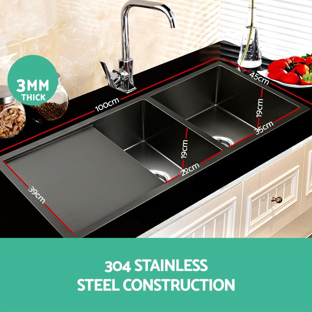 Stainless steel kitchen sink, black double bowl 100x45cm