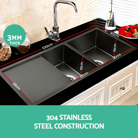 Stainless steel kitchen sink, black double bowl 100x45cm