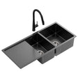 Stainless steel kitchen sink with pull out mixer tap, black double bowl 100x45cm