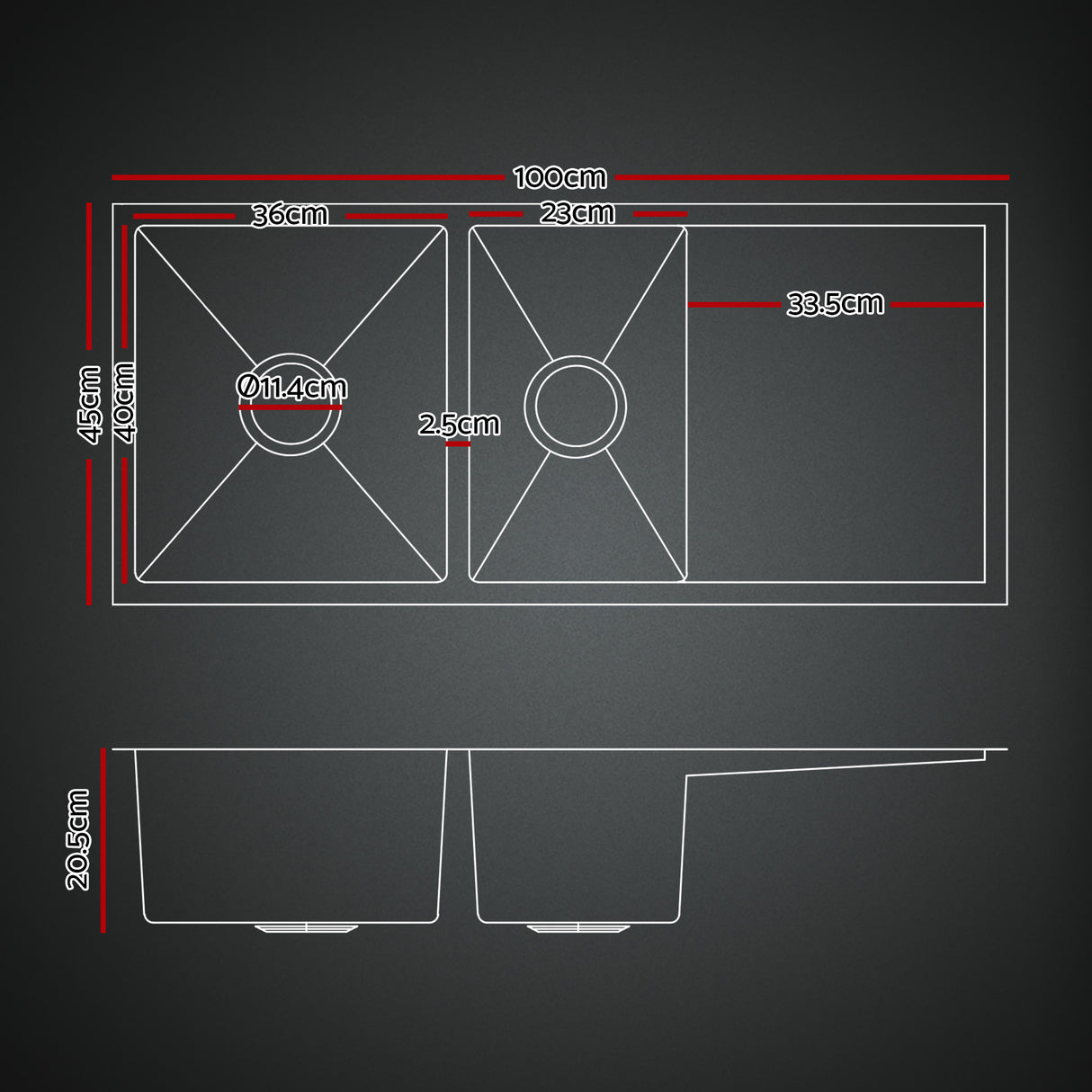 Stainless steel kitchen sink with pull out mixer tap, black double bowl 100x45cm