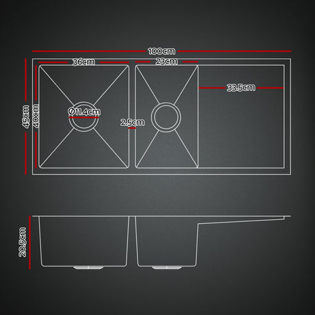 Stainless steel kitchen sink with pull out mixer tap, black double bowl 100x45cm