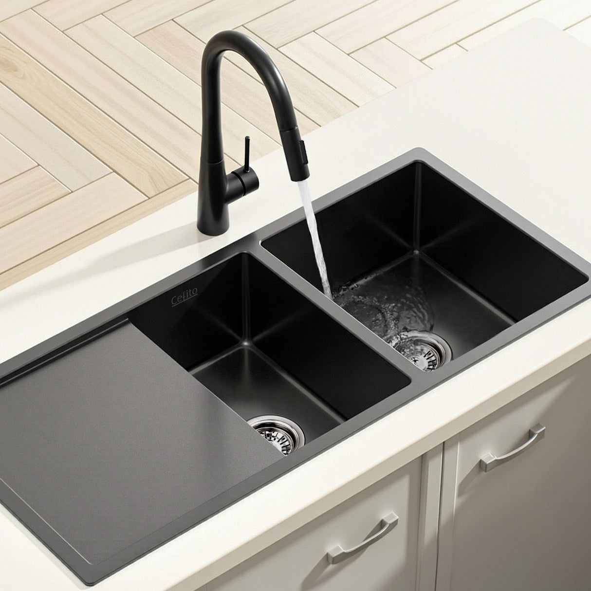 Stainless steel kitchen sink with pull out mixer tap, black double bowl 100x45cm