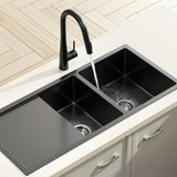 Stainless steel kitchen sink with pull out mixer tap, black double bowl 100x45cm