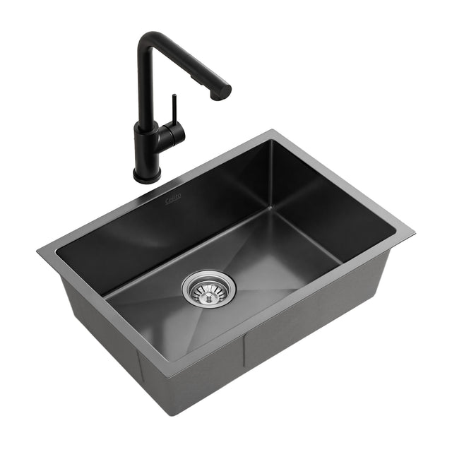 Stainless steel kitchen sink with pull out mixer tap, black single bowl 30x45cm