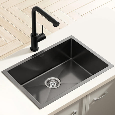 Stainless steel kitchen sink with pull out mixer tap, black single bowl 30x45cm