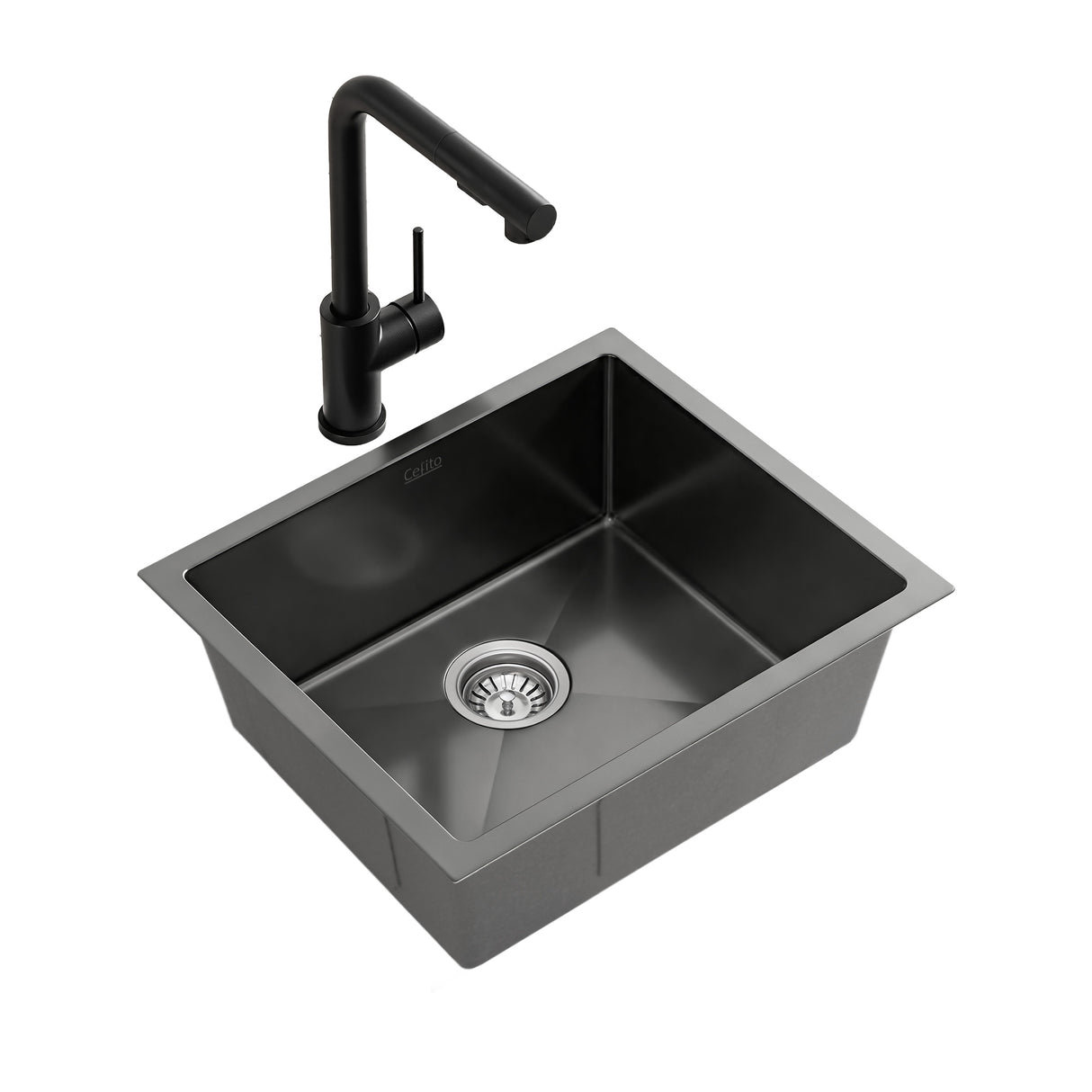 Stainless steel kitchen sink with pull out mixer tap, black single bowl 44x44cm
