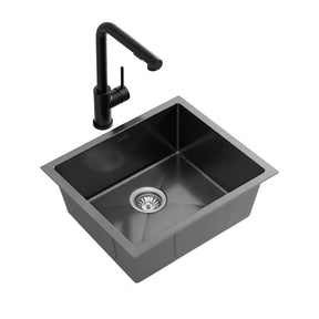 Stainless steel kitchen sink with pull out mixer tap, black single bowl 44x44cm