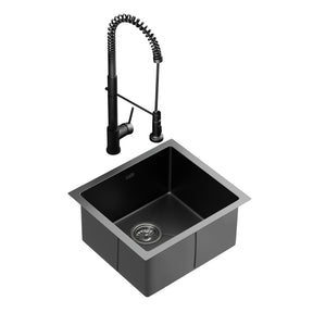 Stainless steel kitchen sink with pull out mixer tap, black single bowl 51x45cm